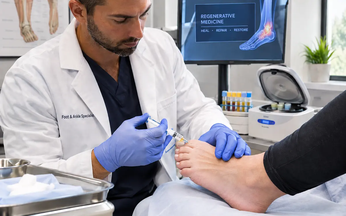 A foot and ankle specialist injecting the top of a patient's foot, with a blood-separation centrifuge and sample tubes on the counter behind him